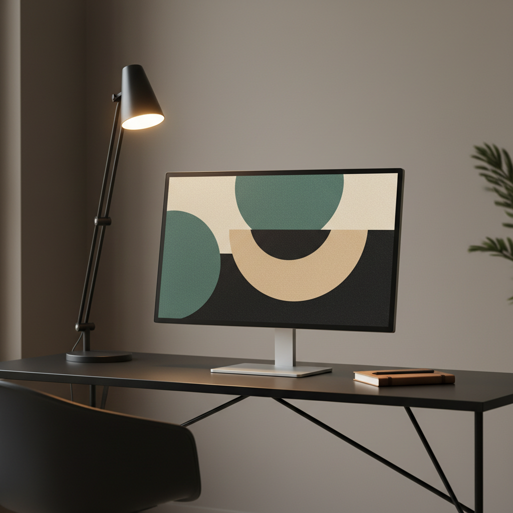 An ultra-high-resolution abstract wallpaper displayed on a thin, bezel-less monitor set on a sleek black metal desk, backed by a muted taupe wall. The screen glows with layered geometric shapes in muted emerald, warm beige, and coal black, with a subtle grain that mimics fine art paper. A single sculptural desk lamp casts a focused, warm pool of light, contrasting with cooler ambient daylight from the side. Photographic realism, composed with rule-of-thirds framing and shallow depth of field, creating a sophisticated, modern workspace mood that highlights the digital nature of downloadable art.