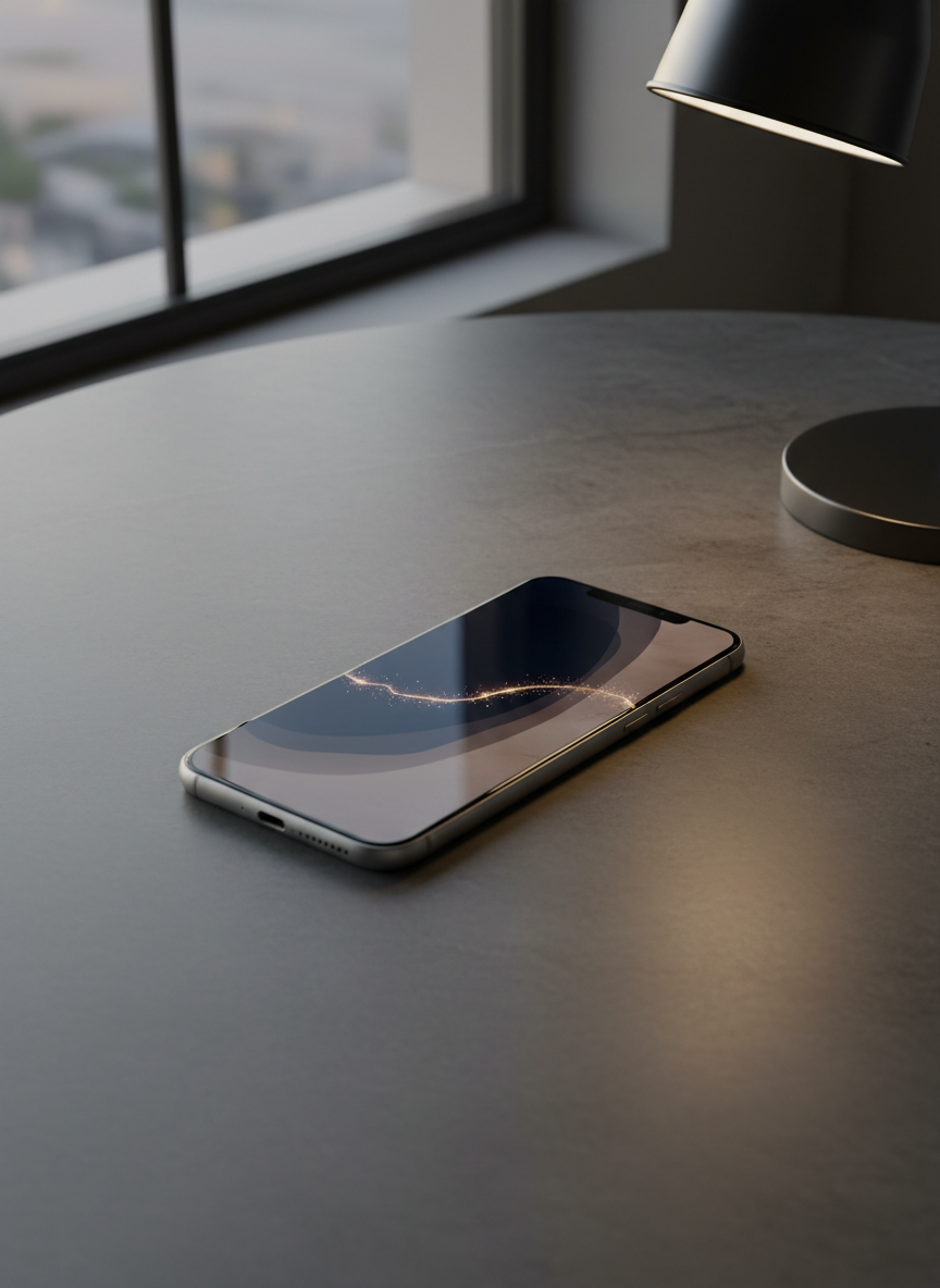 An elegant, minimal smartphone lying on a satin-finished stone tabletop, screen displaying a high-end abstract wallpaper. The design features overlapping translucent layers of midnight blue and smoky quartz tones, with a delicate, glowing line weaving through like a constellation. Ambient late-evening light from a nearby window mixes with a cool, directional desk lamp, creating reflective highlights on the phone’s polished edges and soft shadows around it. Photographic realism, top-down composition with ample negative space, a calm, contemplative atmosphere, and a clean, sophisticated aesthetic that emphasizes digital wallpapers as luxury design elements.