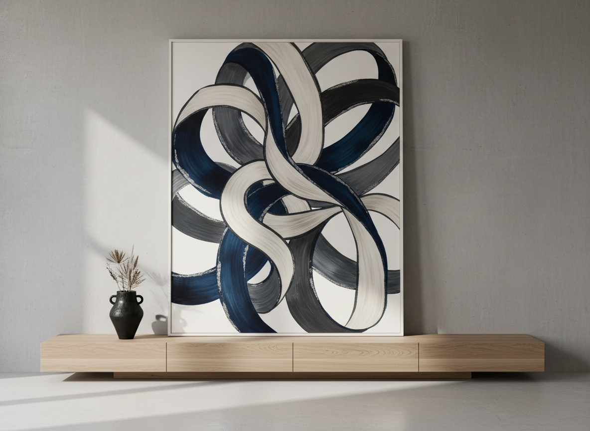 A large, frameless abstract wall print leaning against a smooth, matte concrete wall in a minimalist living room. The artwork features sweeping, interlaced ribbons of deep navy, charcoal, and soft ivory, with subtle metallic silver accents that catch the light. A low, pale oak console with a single black ceramic vase anchors the scene. Soft, diffused daylight enters from an unseen window, creating gentle gradients and refined shadows. Photographic realism, shot at eye level with a slight angle, sharp focus throughout, emphasizing the luxurious textures and sophisticated, gallery-like atmosphere, ideal for showcasing premium downloadable digital art.