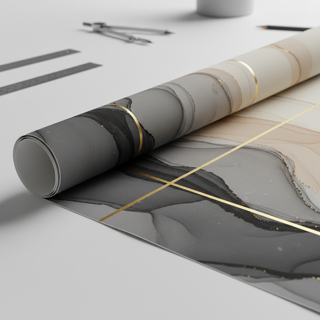 A close-up, photographic view of a large abstract print partially unrolled on a pristine white drafting table. The artwork shows a fluid gradient of smoky grays, ink blacks, and soft cream tones, intersected by precise, razor-thin gold lines that shimmer subtly. The paper surface looks thick and velvety, with crisp edges and a slight curl. Overhead studio lighting is soft and even, revealing every tactile detail while casting faint, elegant shadows. Shot from a slightly elevated angle with sharp focus on the print and a gently blurred background of minimalist tools, conveying premium craftsmanship and refined sophistication.
