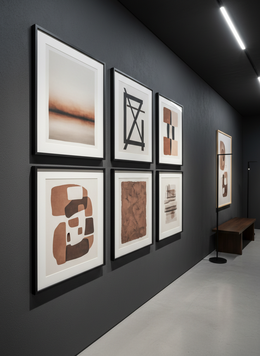 A modern hallway with deep charcoal walls featuring a grid of six framed abstract prints, each different yet harmoniously coordinated in palette: muted terracotta, stone gray, sable, and off-white. The artworks range from soft, atmospheric gradients to bold, architectural shapes. Slim black metal frames and generous white mats enhance the gallery aesthetic. Recessed ceiling lights wash the wall with gentle, even illumination, creating subtle, elongated shadows beneath each frame. Photographic realism, captured from a slightly off-center perspective for depth, exuding a curated, luxurious, and cohesive look ideal for showcasing a series of downloadable prints.